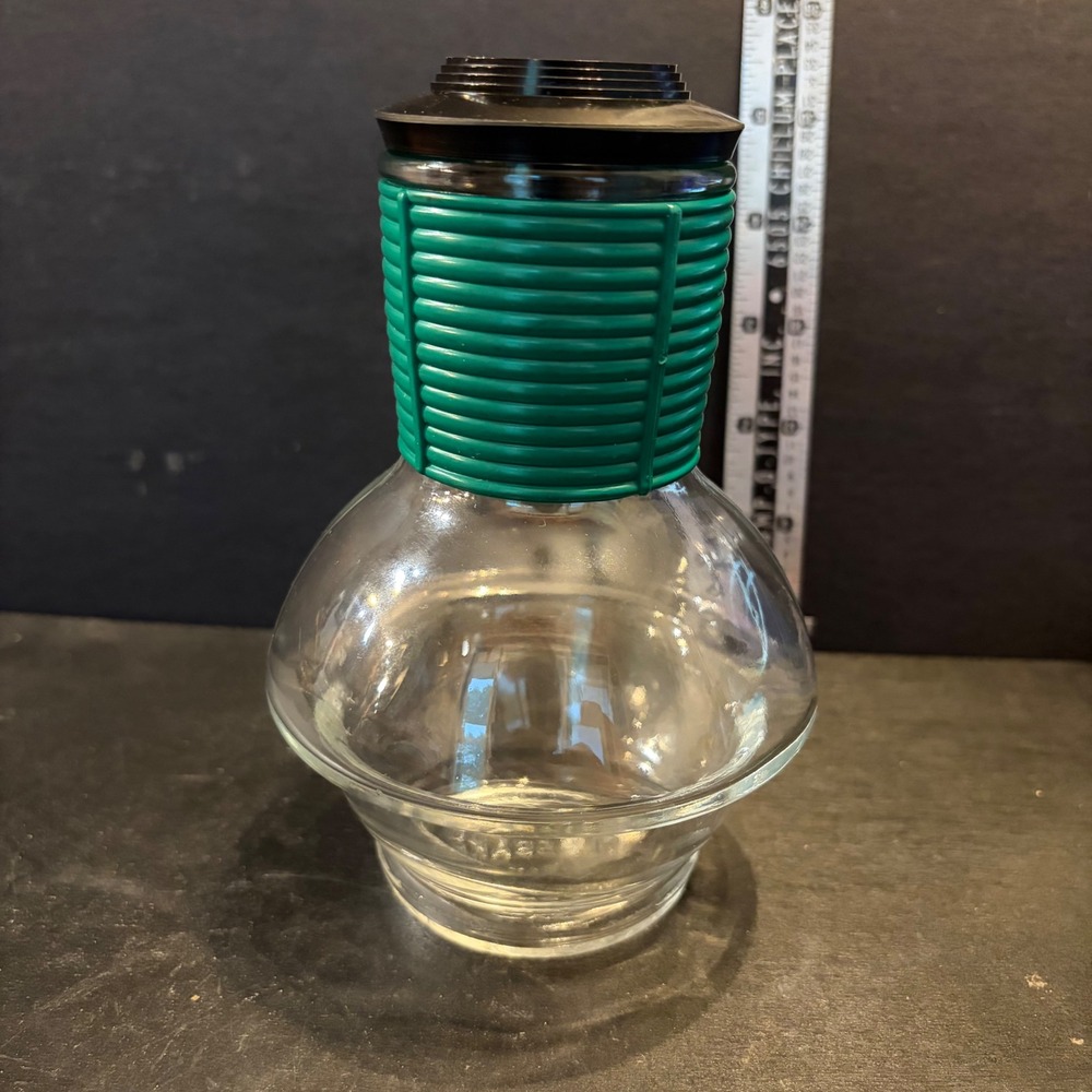 Vintage Glassbake Hottle Individual Coffee Carafe Green Ribbed Grip Black Lid